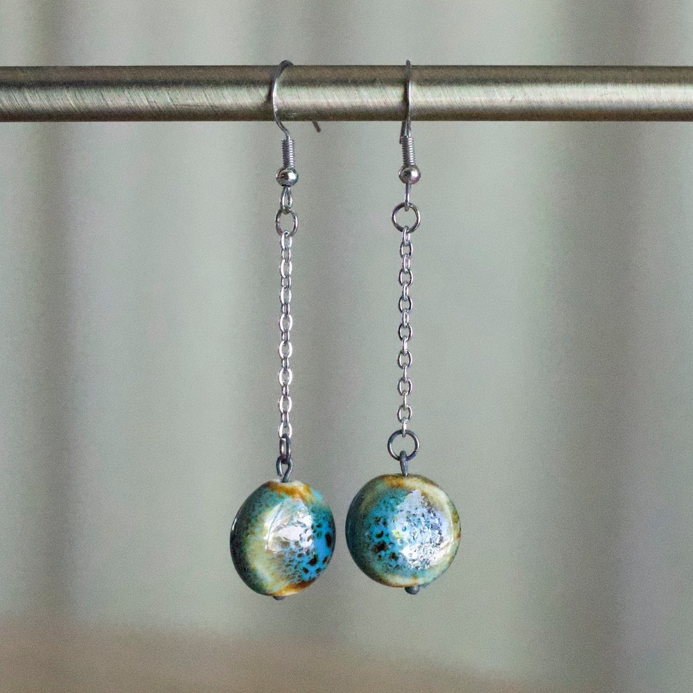 Handmade Blue Glazed Ceramic Bead Long Chain Dangle Earrings Boho Silver Tone
